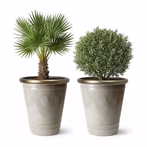 Jack Stonehouse JSH 75L Outdoor Garden Planter, Grey and Gold Sandstone Effect Round Flower Pot with Brass Rim, Diameter: 53 cm