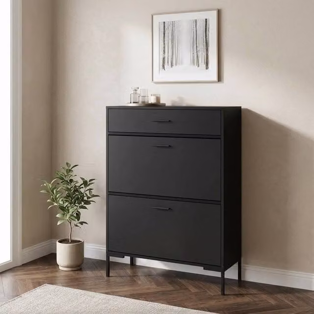 STILVORA Black Matt Modern Shoe Cabinet with Tilting Compartments and Drawers, W/D/H: 76 x 26 x 110 cm