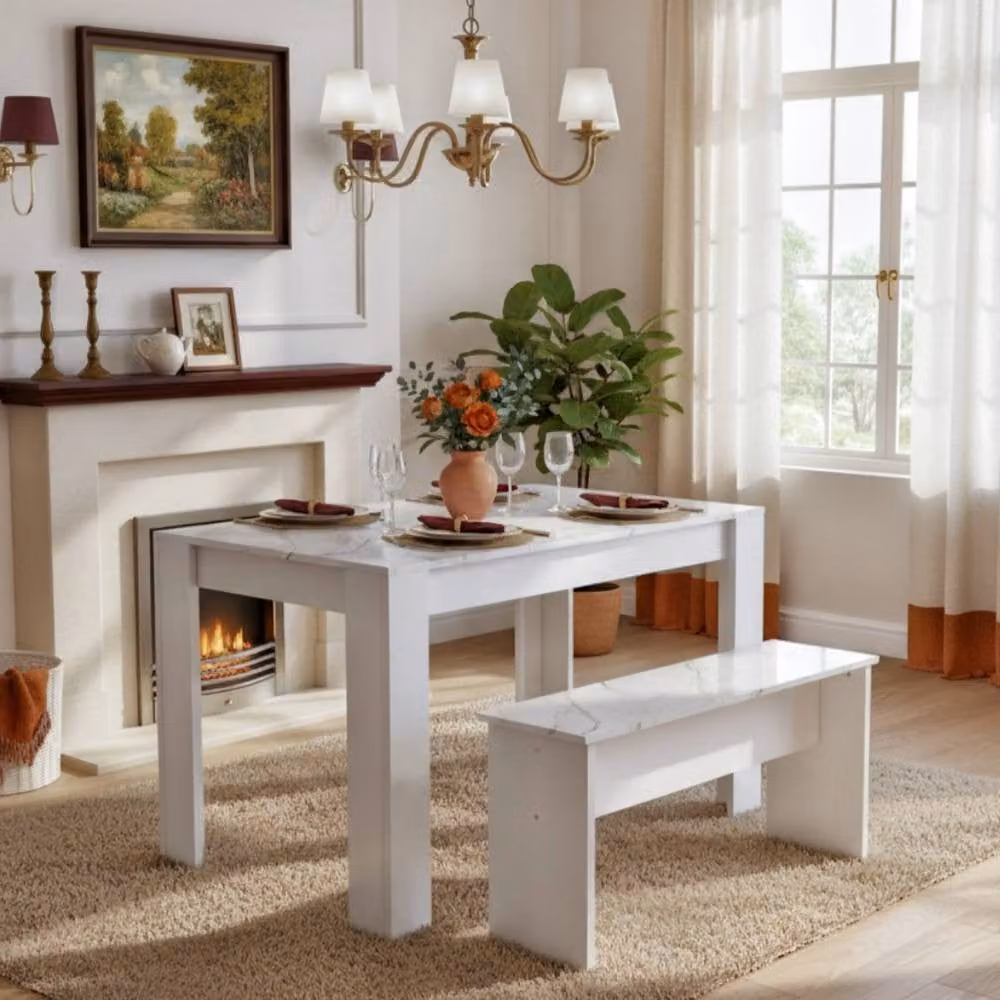 Merax 3 Piece Marble Effect Kitchen Dining Set with Rectangular Table and 2 Benches in White – 3