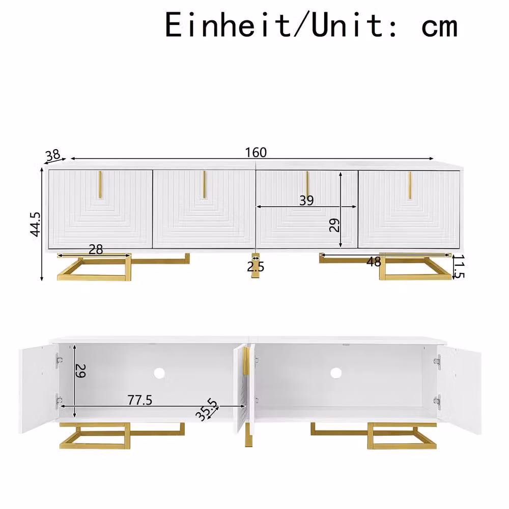 Merax Modern White TV Stand with 4 Geometric Textured Doors and Gold Legs, W: 160 cm, D: 44.5 cm, H: 44.5 cm – 2