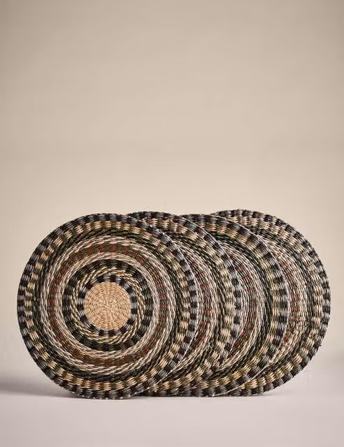 M&S Set of 4 Round Striped Seagrass Placemats in Multicolour and Sand