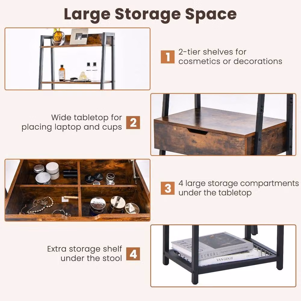 CASART Ladder Dressing Table Set with Stool and Flip-up Mirror in Brown – 6
