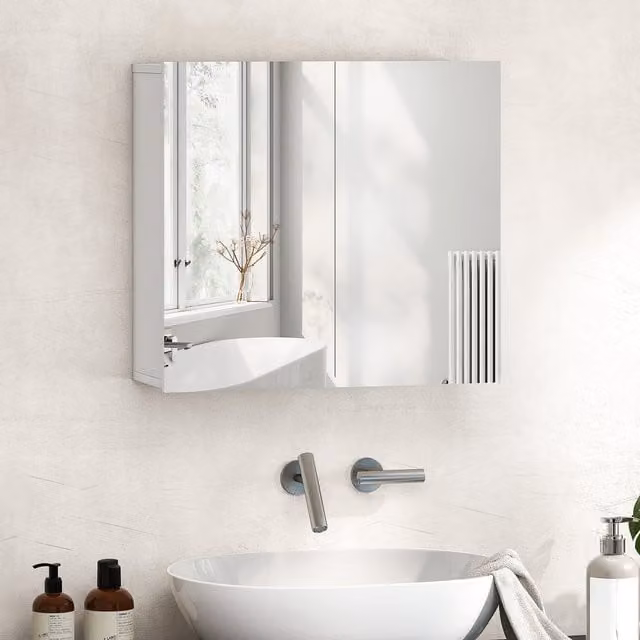 HOMCOM Modern White Wall-Mounted Bathroom Mirror Cabinet with Hinged Glass Doors and Internal Shelves