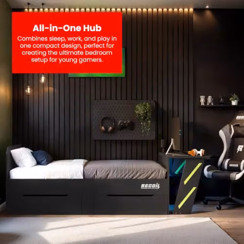 Flair Furnishings Alister Elevated Single Gaming Bed with Desk and Under-Bed Lighting in Anthracite and Green, W/D/H: 90 x 190 x 164.53 cm – 3