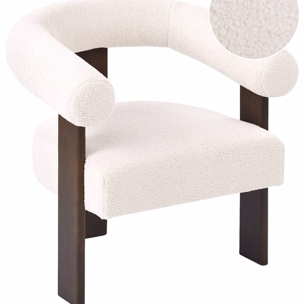 Wyld and Coco Off-White Bouclé Armchair with Brown Rubberwood Legs and Retro Design – 2