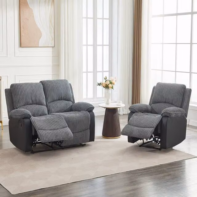 FURNITURE ONE Modern Manual Reclining Corduroy Fabric Sofa Set in Grey