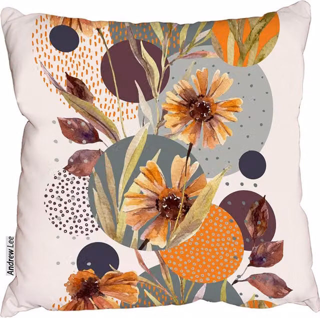 Andrew Lee Floral Watercolor Flowers and Leaves Square Cushion, Orange and Multicolour, W: 60 cm, H: 60 cm, D: 60 cm