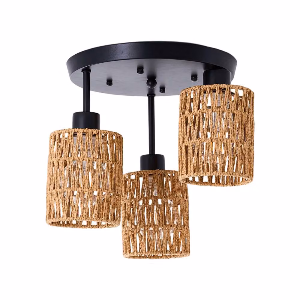 Living and Home Bohemian 3-Light Rattan and Metal Cage Ceiling Light in Black – 2
