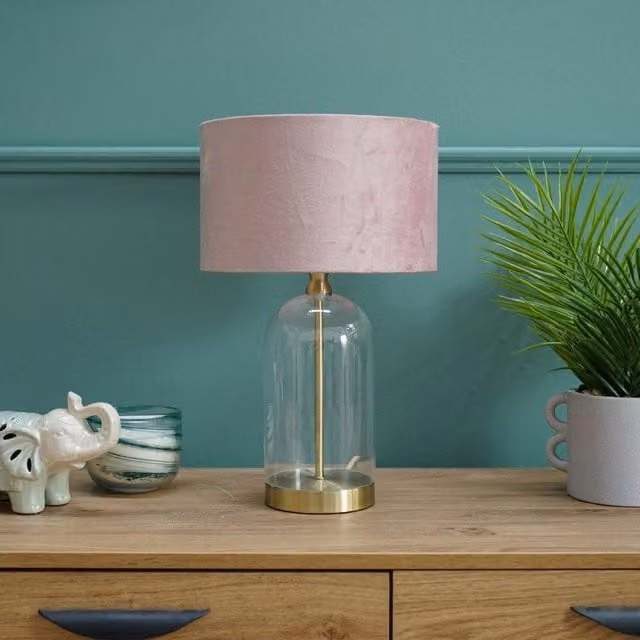 ValueLights Jessy Gold Glass and Metal Table Lamp with Pink Velvet Shade