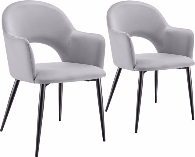 Tectake Sachel Dining Chair Set of 2, Grey Velvet Fabric Armchair with Metal Frame