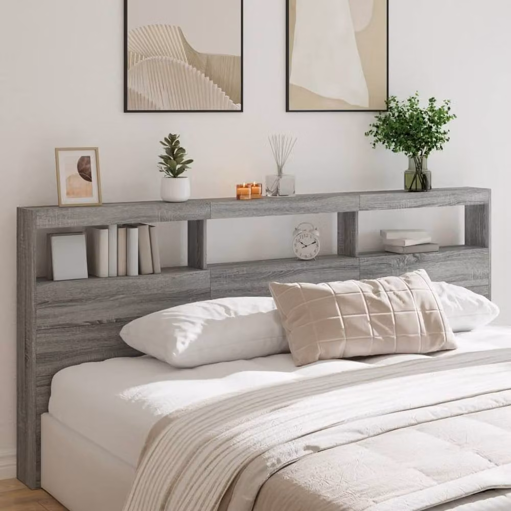 Berkfield Home Modern Headboard Cabinet with LED Lighting and USB Charging Port in Grey Sonoma, W/D/H: 220 x 17 x 102 cm – 2