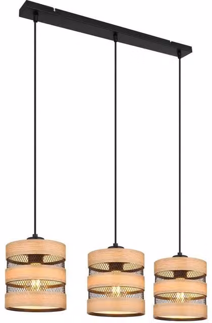 Netlighting Soeni Bar Pendant Ceiling Light in Matt Black with Wood Details, 3x E27, W: 120 cm, H: 18 cm