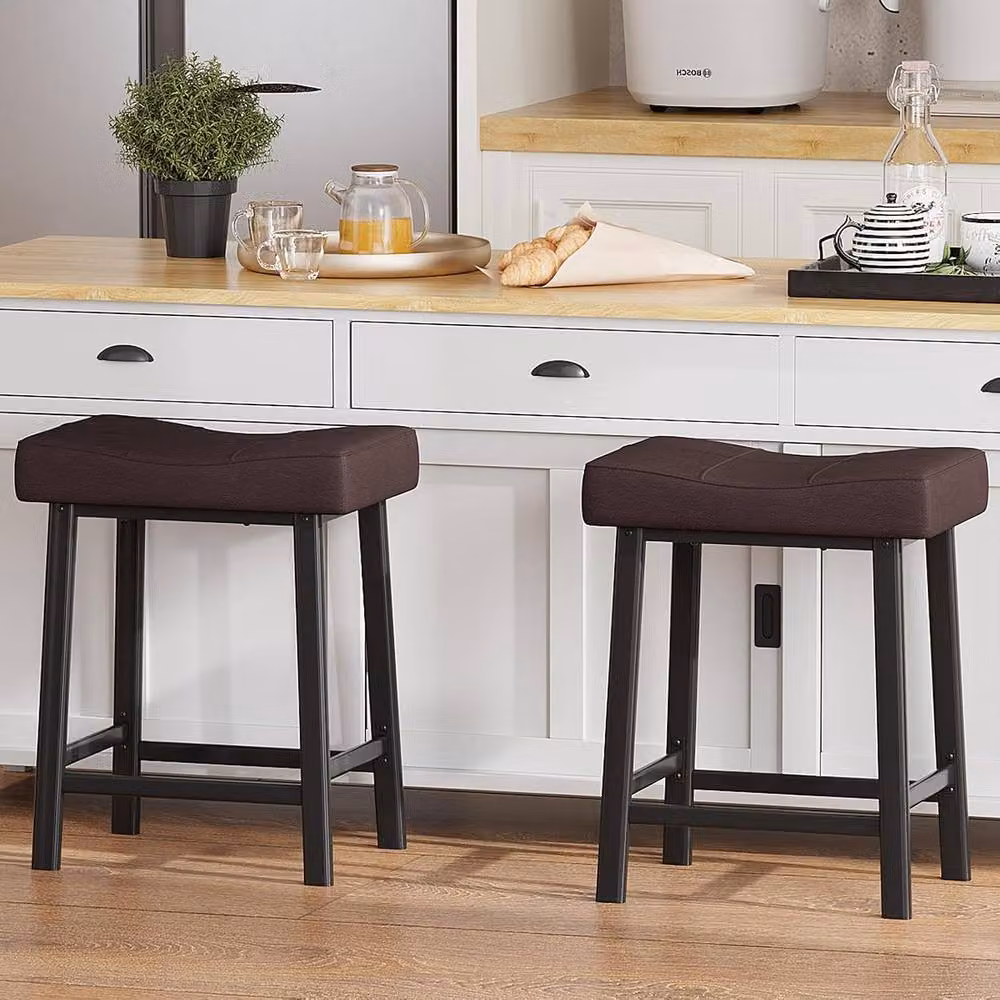 London Boutique Set of 2 Brown Padded Synthetic Leather Kitchen Bar Stools with Metal Footrests, Counter Height: 60.96 cm – 3