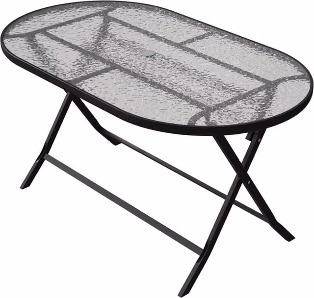Livingandhome Oval Metal Folding Garden Table with Parasol Hole and Transparent Tempered Glass Top, Black