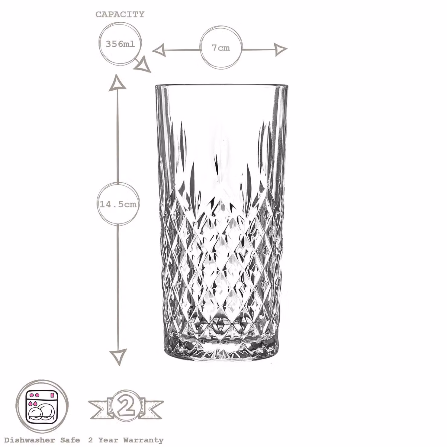 LAV Odin Geometric Highball Glassware Set, 6 x 356 ml Clear Tumblers – 2
