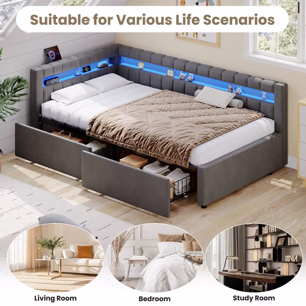 Matteo Modern Single Velvet Daybed in Grey with LED Lighting, USB Charging and Under-bed Storage Drawers, W/D/H: 90 x 190 cm – 4