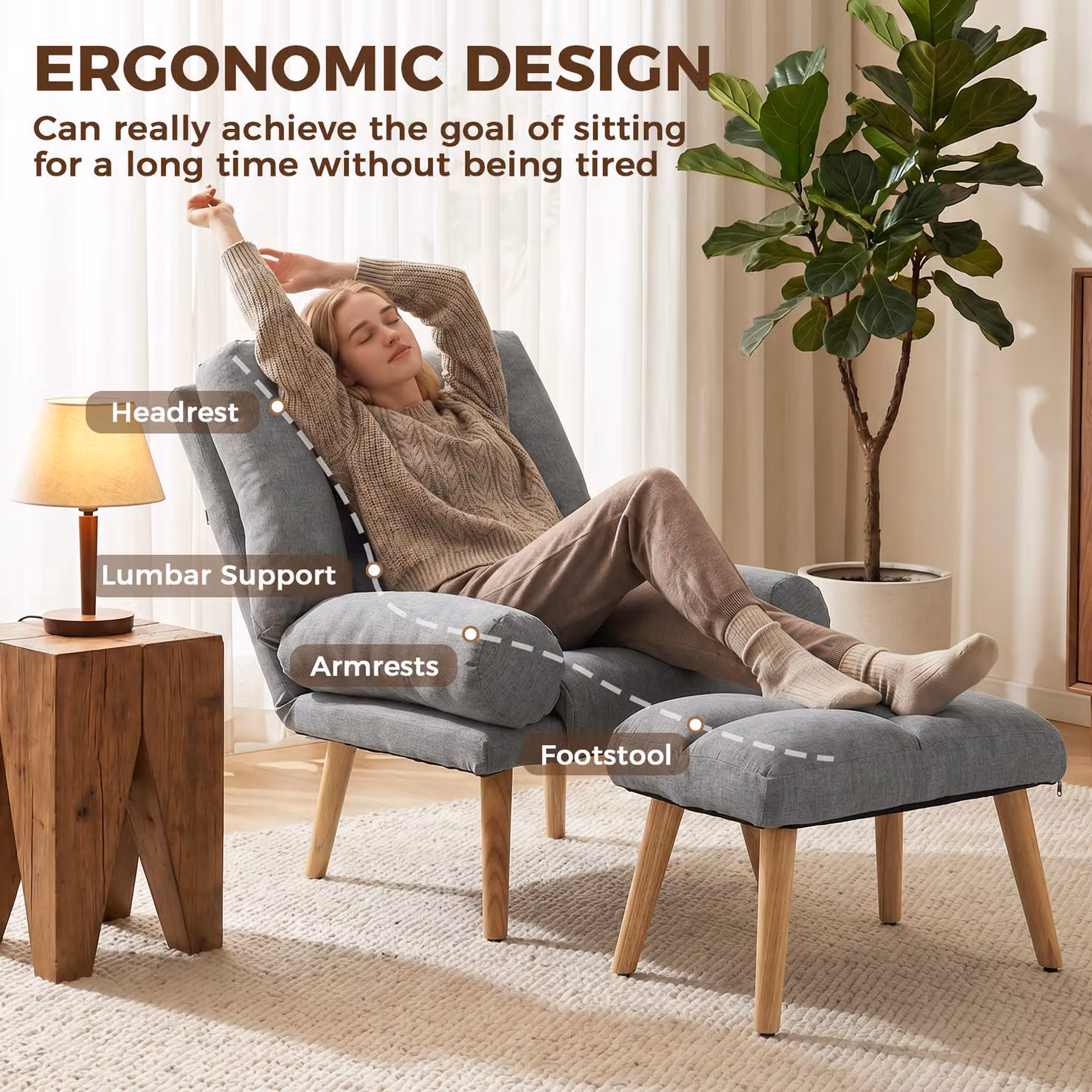 HOMCOM Grey Fabric Recliner Armchair with Matching Footstool and Wooden Legs – 5