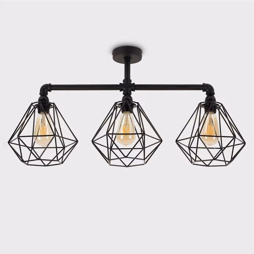 ValueLights Luiggi Diablo Industrial Black Ceiling Bar Light with 3 Copper Basket Cage Shades, W: 36 cm – 2
