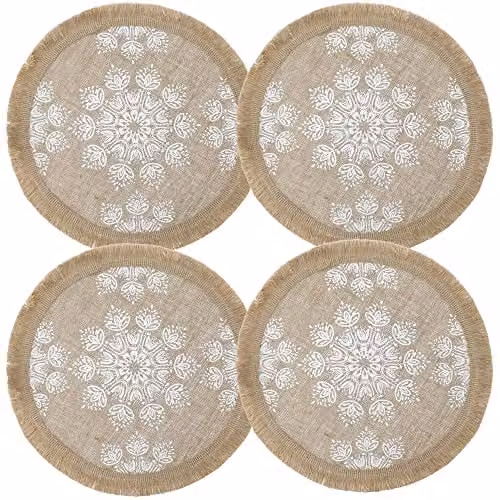 Creative Tops Set of 4 Round Hessian Jute Placemats with White Floral Pattern, Diameter: 42 cm