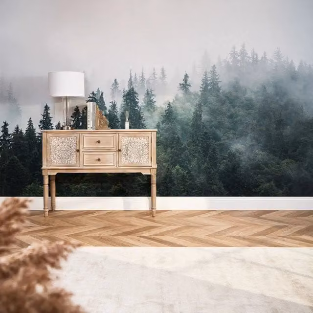 I Love Wallpaper Misty Trees Fall Wall Mural in Green and Grey