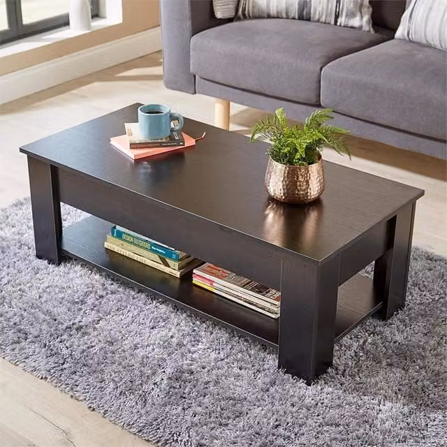 Nordara Black Lift Up Coffee Table with Storage Shelf, Square Matt Wood Design, W/D/H: 100 x 100 x 100 cm – 1