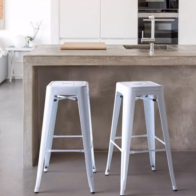 Wyld and Coco White Metal Stackable Bar Stool Set of 2, Counter Height, Industrial Style