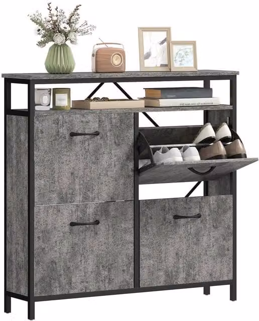 FORGEVIO Industrial Narrow Shoe Cabinet in Cement Grey with 4 Tilting Compartments and Open Shelf – 1