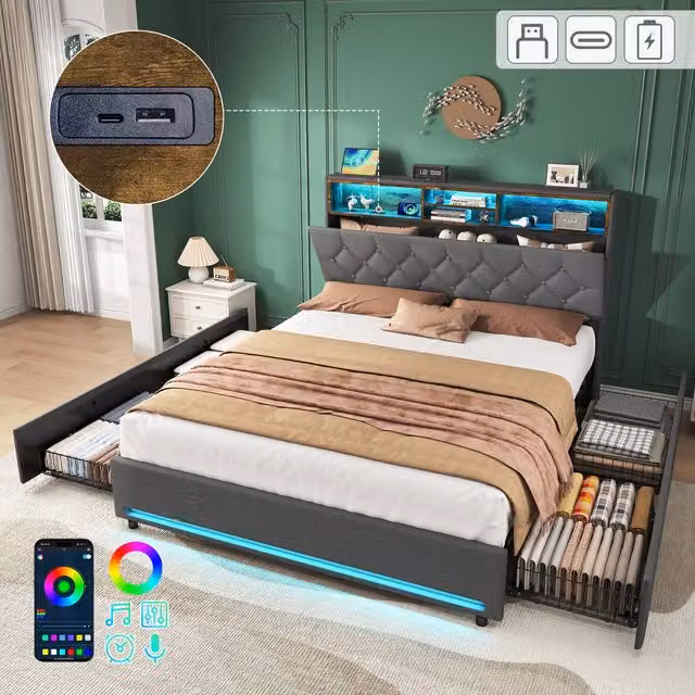 Matteo Grey Linen Double Bed Frame with 4 Drawers, RGB LED Lighting and USB Charging Ports, W/D/H: 140 x 200 cm – 1