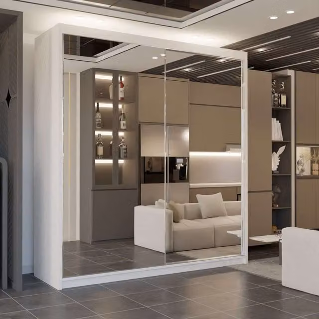 Sliding Wardrobes 4U Queen Double Full Mirror Sliding Door Wardrobe in White, W: 150 cm, H: 217 cm