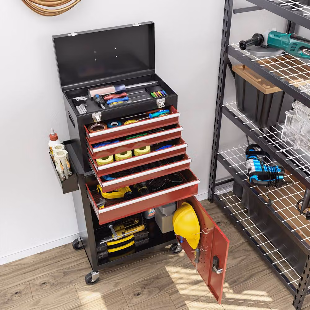 STILVORA Red Steel Tool Storage Chest on Wheels with Lockable Drawers and Cupboard – 7