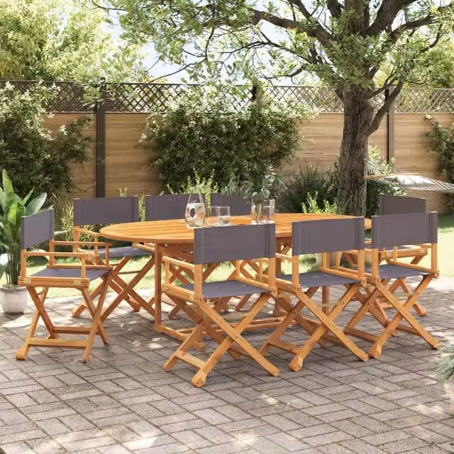 Berkfield Home 8 Piece Folding Garden Chair Set in Dark Grey Fabric and Oiled Acacia Wood – 1