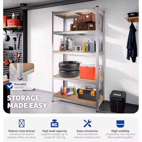 tectake 5-Tier Heavy-Duty Shelving Unit with Galvanised Steel Frame and Adjustable MDF Shelves, Silver, W: 90 cm, D: 40 cm, H: 180 cm – 4