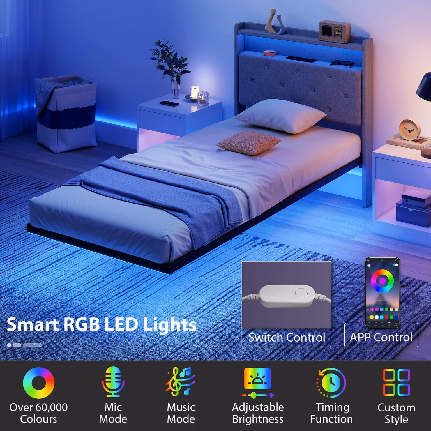 HOMCOM Upholstered Floating Single Bed Frame in Grey with RGB LED Lights, USB Charging Port and Side Compartments, W/D/H: 90 x 190 cm – 4