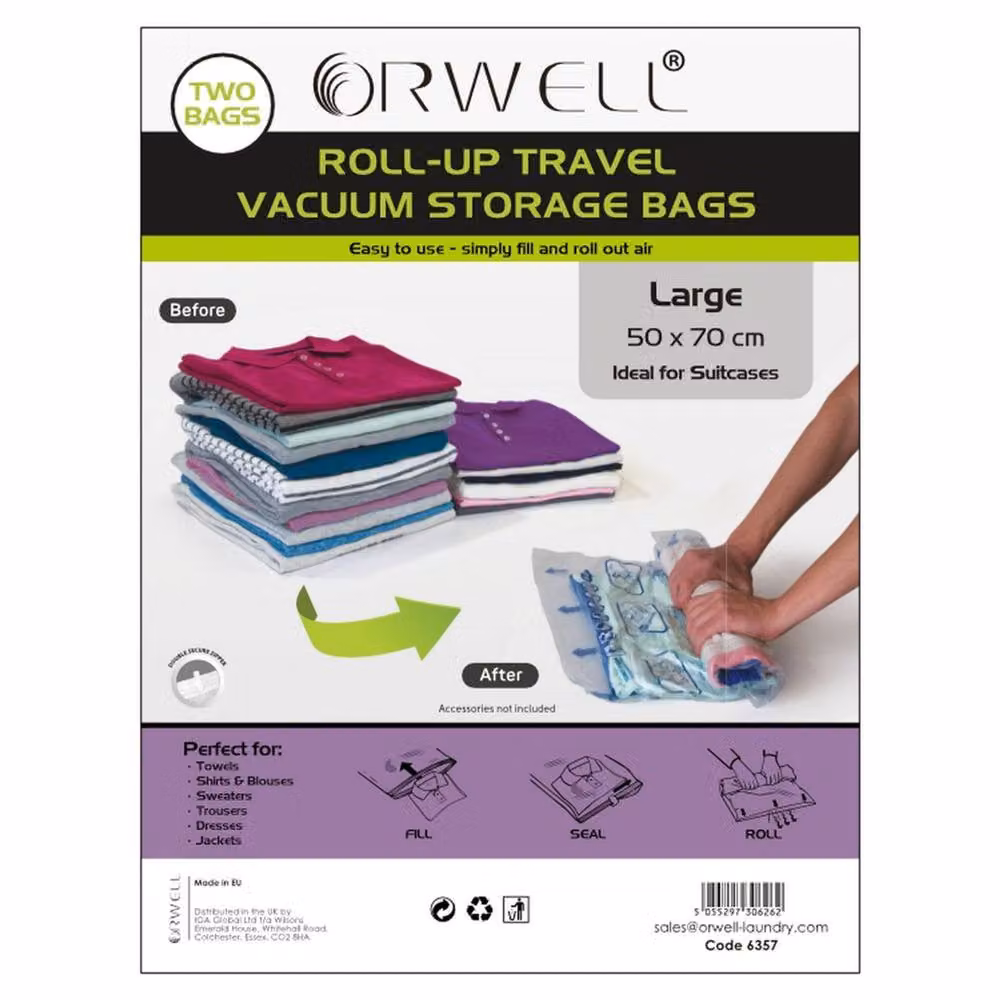 Orwell Roll-Up Travel Vacuum Storage Bags, 2 Pack, Transparent, W: 50 cm x D: 70 cm – 2
