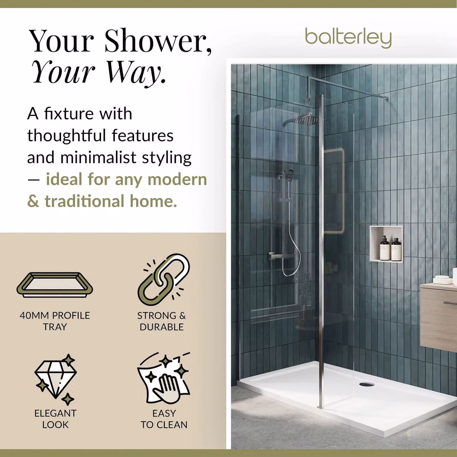 Balterley 8mm Glass Walk-In Wetroom Screen and Return with Tray, Silver and Chrome, W: 140 cm, D: 80 cm – 2