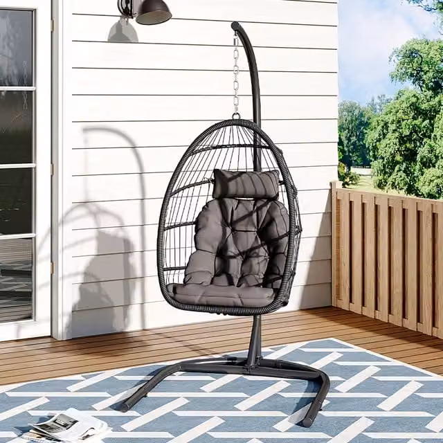 Breeins Modern Black Rattan Hanging Egg Chair for Adults, Diameter: 96 cm