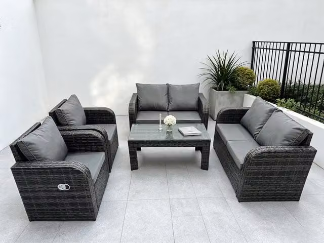 Fimous 6-Seater Rattan Garden Furniture Set in Grey with Upholstered Seating and Coffee Table