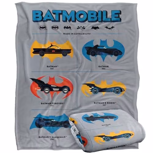 Warner Bros. Batman Batmobiles Through The Years Logos Super Soft Silky Touch Fleece Throw Blanket, Multicolour, W: 152.4 cm x D: 127.0 cm – 1