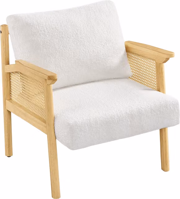 Yaheetech White Bouclé Upholstered Armchair with Rattan and Solid Wood Frame