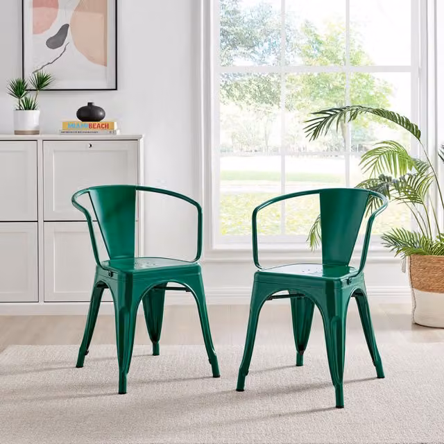 FurnitureboxUK Colton Stackable Tolix Style Industrial Metal Kitchen Dining Chair with Arms, Green