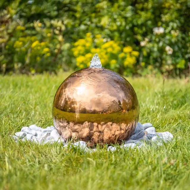 Primrose Copper Effect Sphere Stainless Steel Water Feature with Lights, Copper and Orange