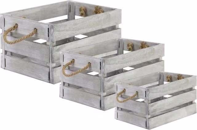Maison & White Set of 3 Grey Slatted Wooden Storage Crates with Handles