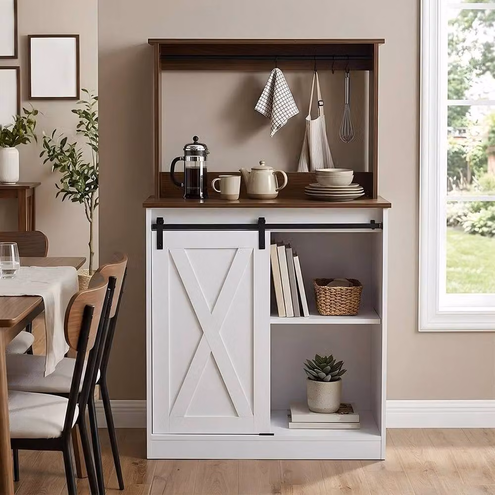 KORVIXA Rustic Farmhouse Kitchen Sideboard Buffet Cabinet in White and Multicolour, Width: 90 cm – 4