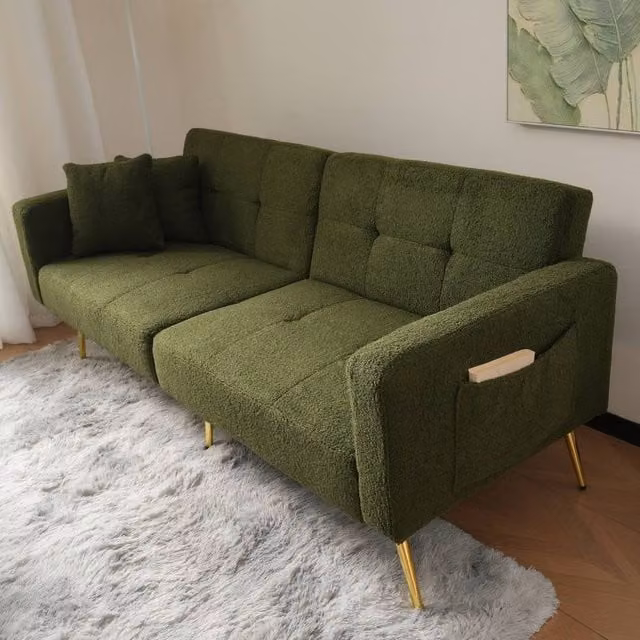 BTM Green Bouclé Fabric Click Clack Sofa Bed with Gold Legs and Scatter Cushions – 1