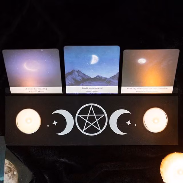 KDMK Black Wooden Triple Moon Tarot Card Stand with Tealight Holders