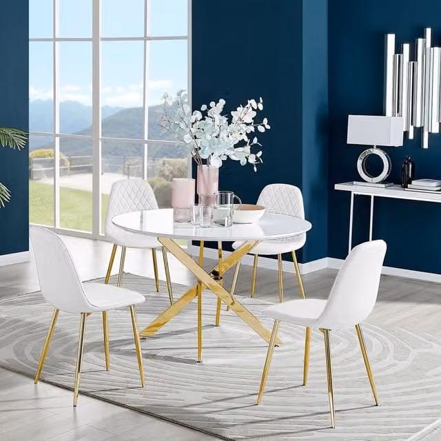 FurnitureboxUK Novara Round White Gloss Glass Dining Table with 4 Corona Gold Leg Chairs, White and Gold