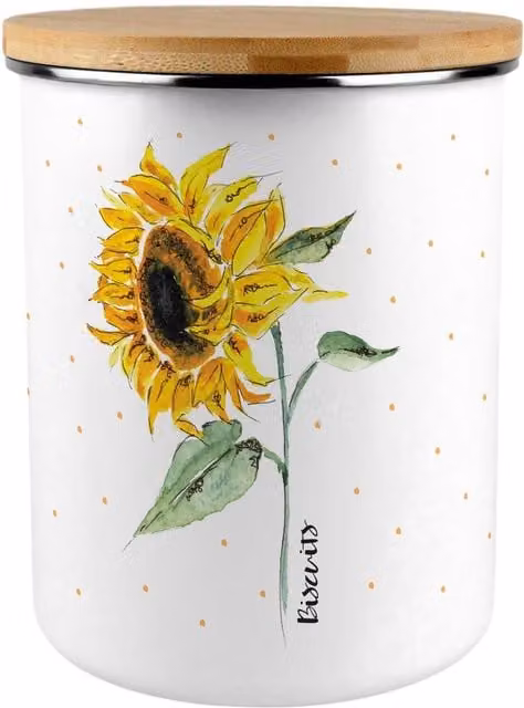 Purely Home Blooming Sunflower Extra Large Floral Enamel Metal Biscuit Tin in Yellow and White