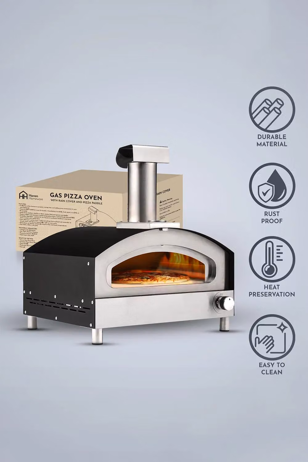 Haven Gas Powered Pizza Oven with Stone Base and Paddle in Black and Silver – 3