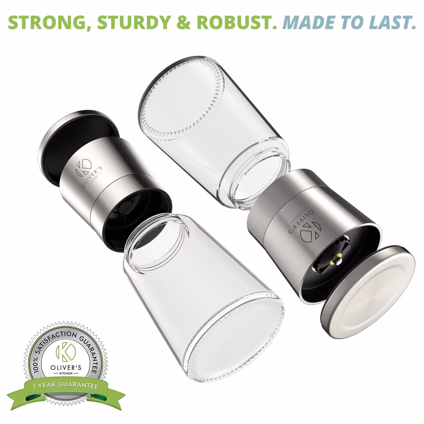 Oliver's Kitchen Salt and Pepper Grinder Set with Ceramic Mechanisms and Rotating Stand in Silver – 4