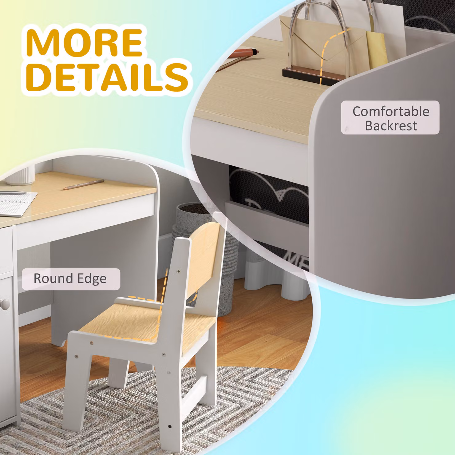ZONEKIZ Kids Desk and Chair Set with Storage Drawer for 3-6 Year Olds, White – 4